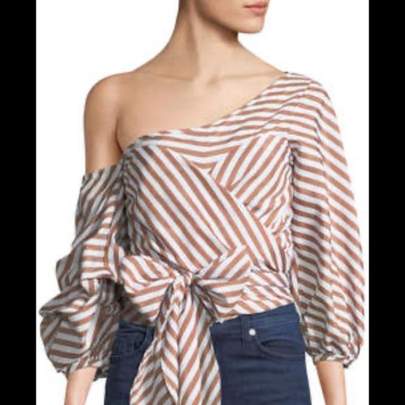 NWT StyleKeepers Wrap Me in Love One-Shoulder Top Size M Brown & White Striped - Picture 4 of 12